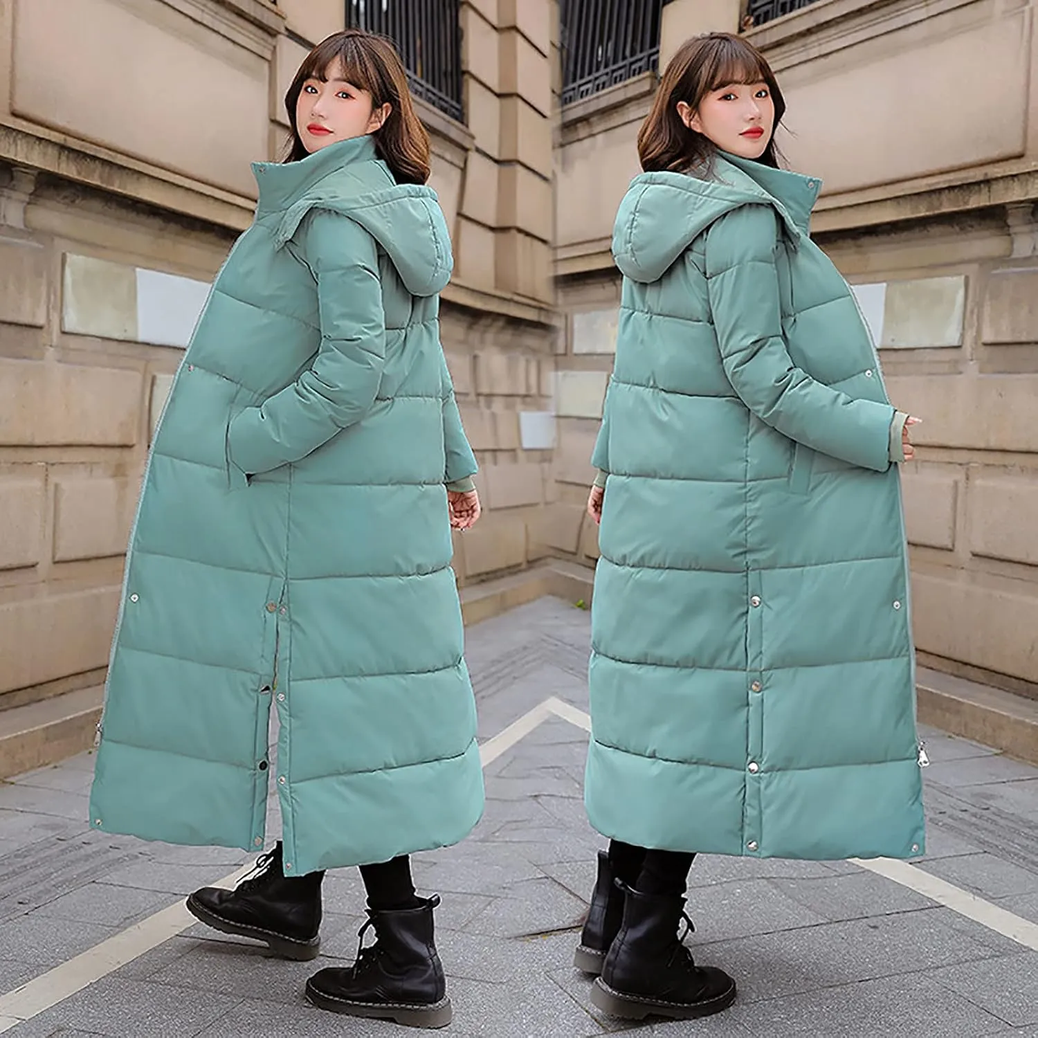 tuduoms Women's Thickened Long Puffer Jacket, Quilted Warm Maxi Down Coat for Teen Girls, Full-zip Waterproof Hooded Parka