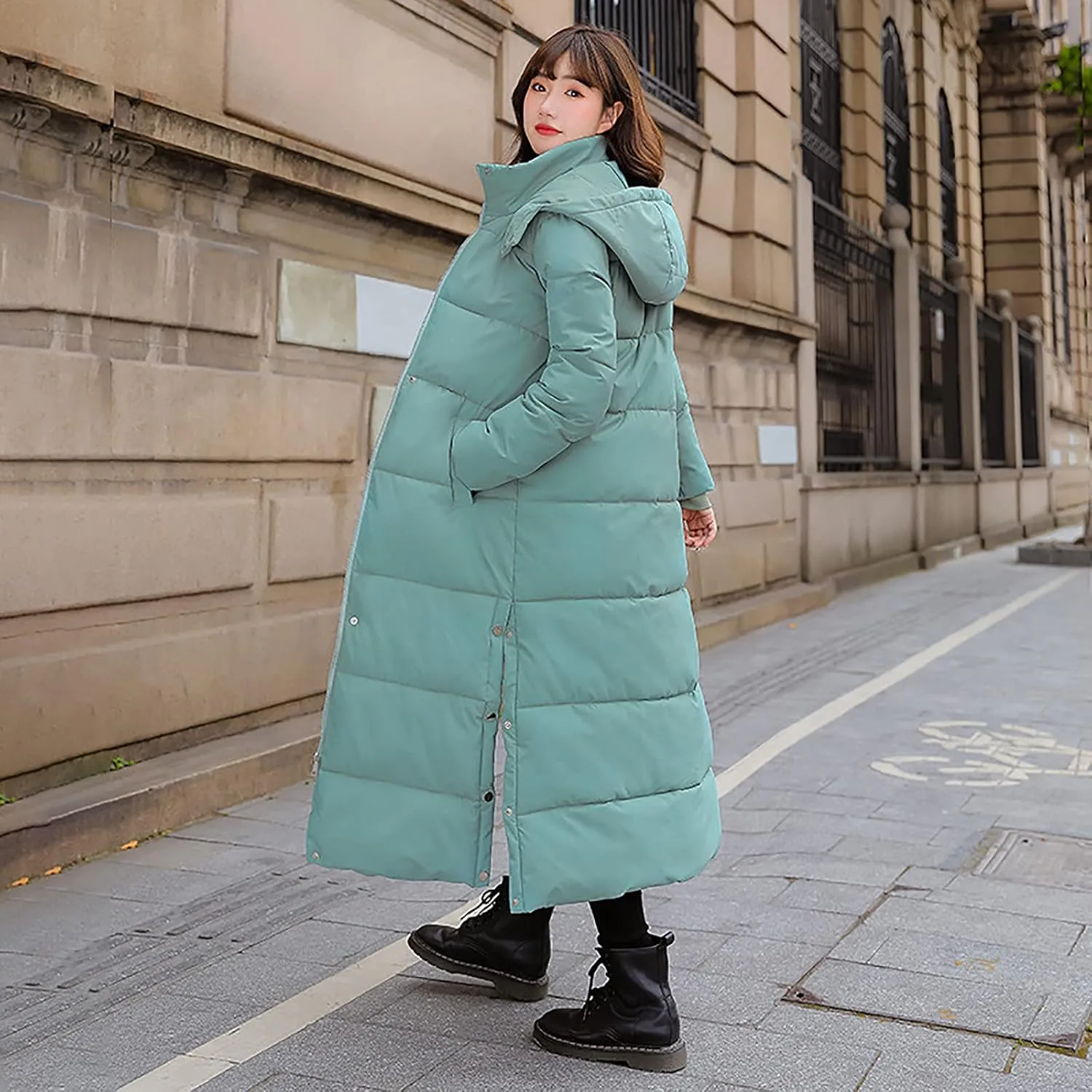 tuduoms Women's Thickened Long Puffer Jacket, Quilted Warm Maxi Down Coat for Teen Girls, Full-zip Waterproof Hooded Parka