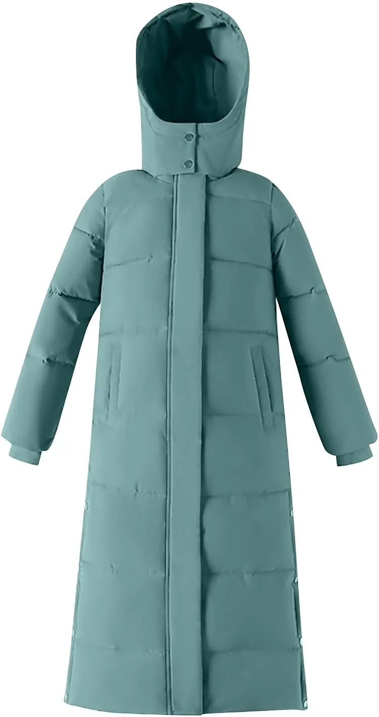 tuduoms Women's Thickened Long Puffer Jacket, Quilted Warm Maxi Down Coat for Teen Girls, Full-zip Waterproof Hooded Parka