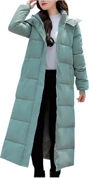 tuduoms Women's Thickened Long Puffer Jacket, Quilted Warm Maxi Down Coat for Teen Girls, Full-zip Waterproof Hooded Parka