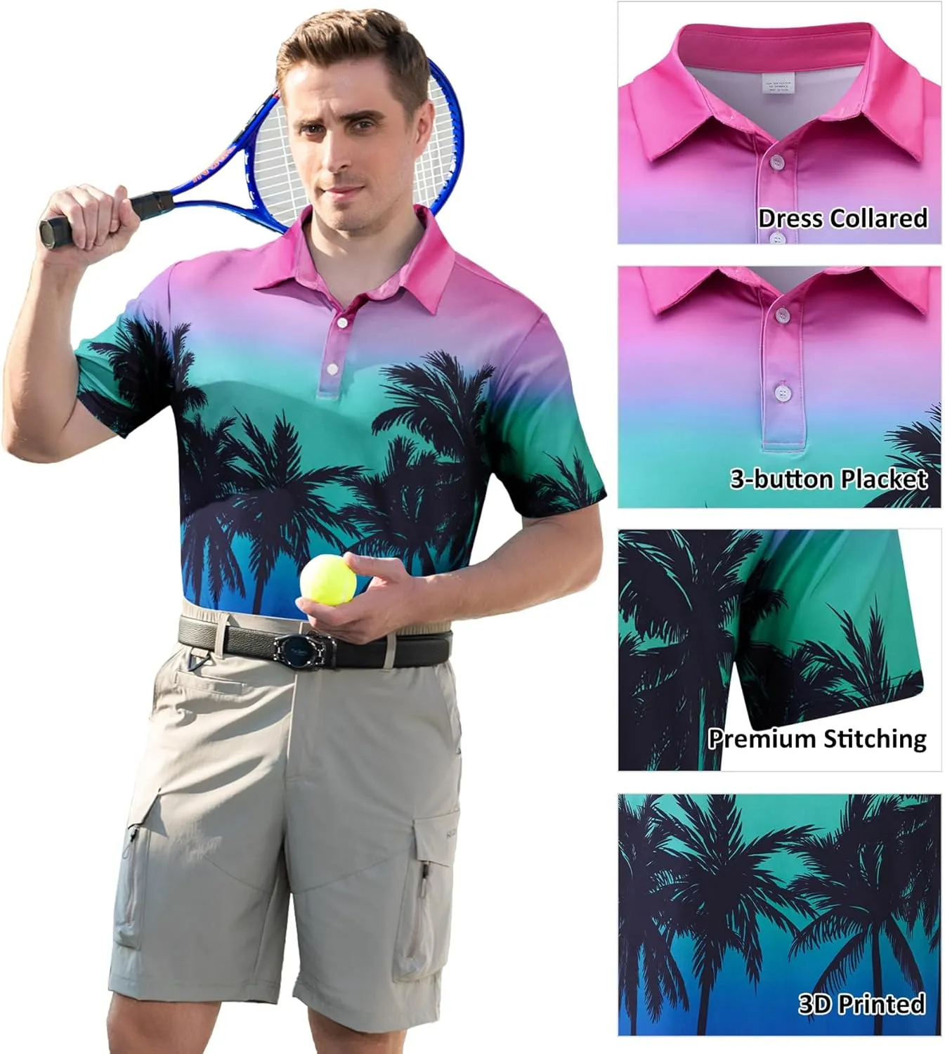 uideazone Mens Polo Shirts Short Sleeve Dry Fit 3D Print Moisture Wicking Funny Golf Shirt