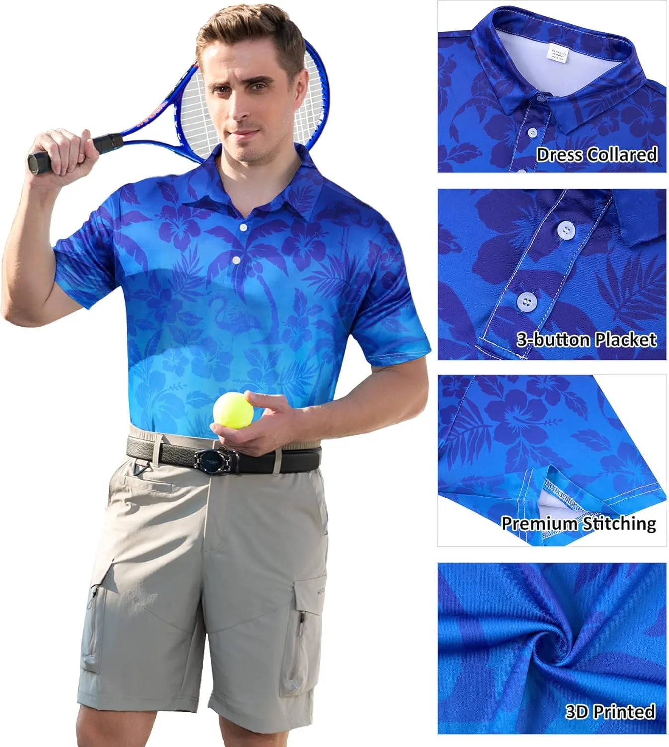 uideazone Mens Polo Shirts Short Sleeve Dry Fit 3D Print Moisture Wicking Funny Golf Shirt