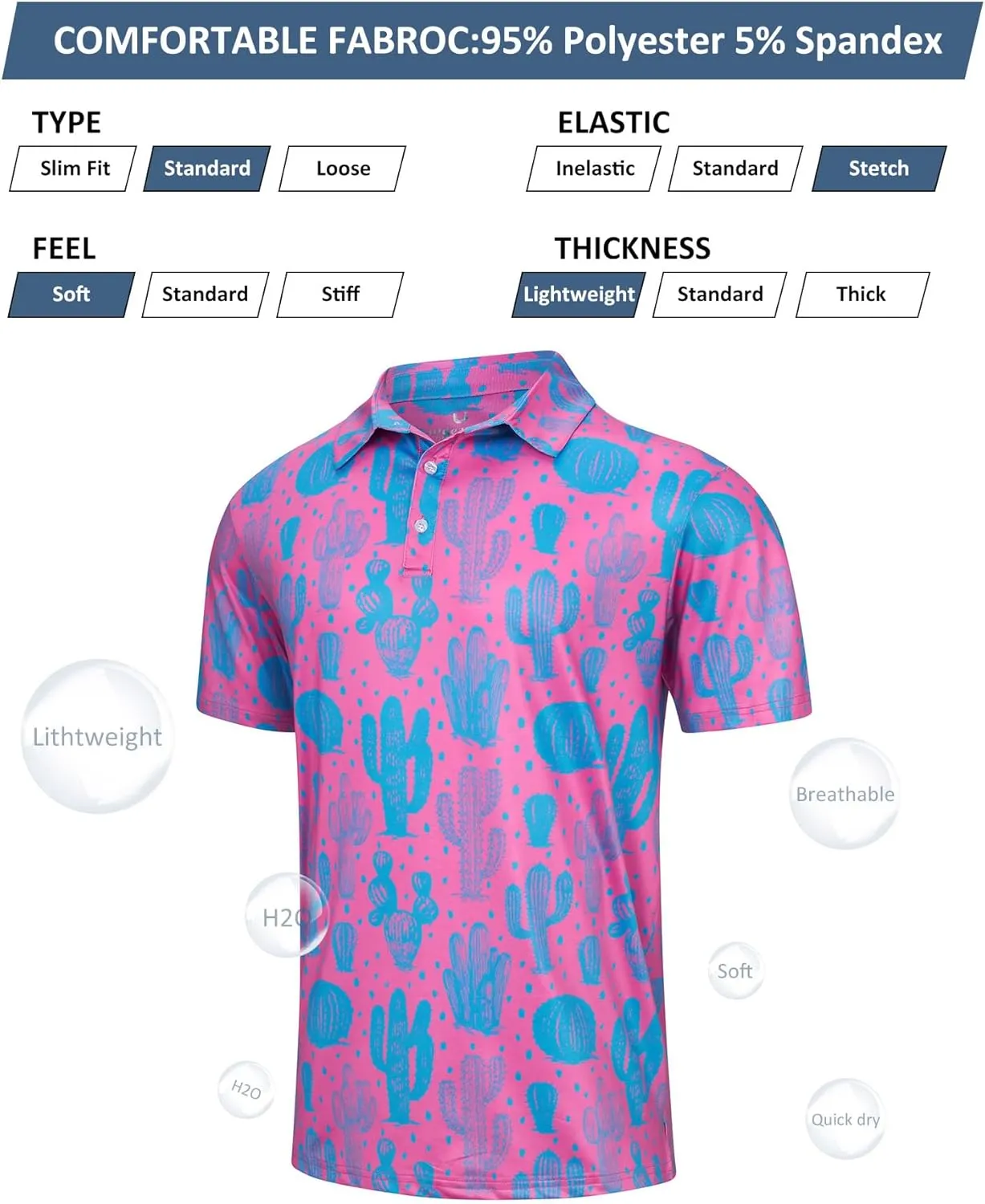 uideazone Mens Polo Shirts Short Sleeve Dry Fit 3D Print Moisture Wicking Funny Golf Shirt