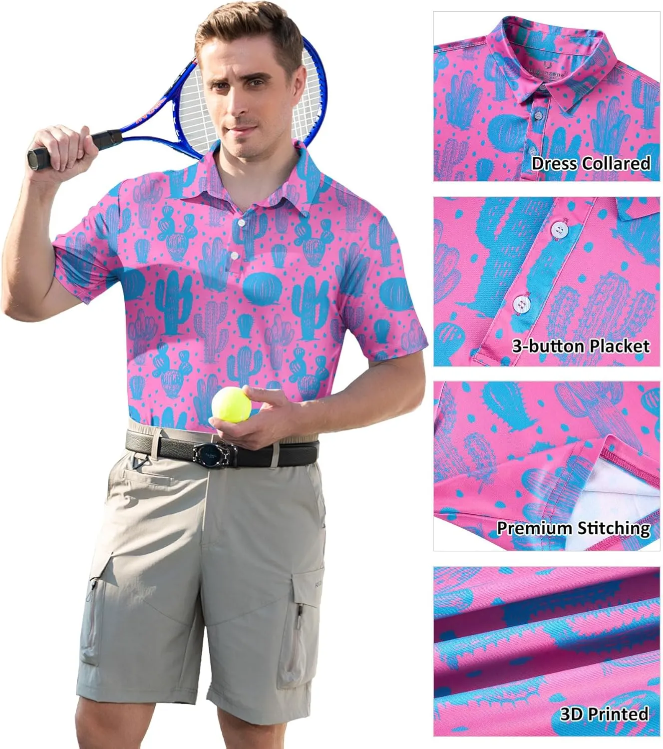 uideazone Mens Polo Shirts Short Sleeve Dry Fit 3D Print Moisture Wicking Funny Golf Shirt