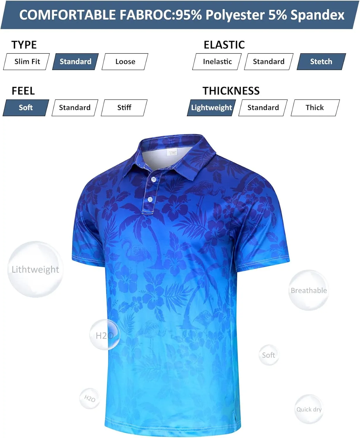 uideazone Mens Polo Shirts Short Sleeve Dry Fit 3D Print Moisture Wicking Funny Golf Shirt