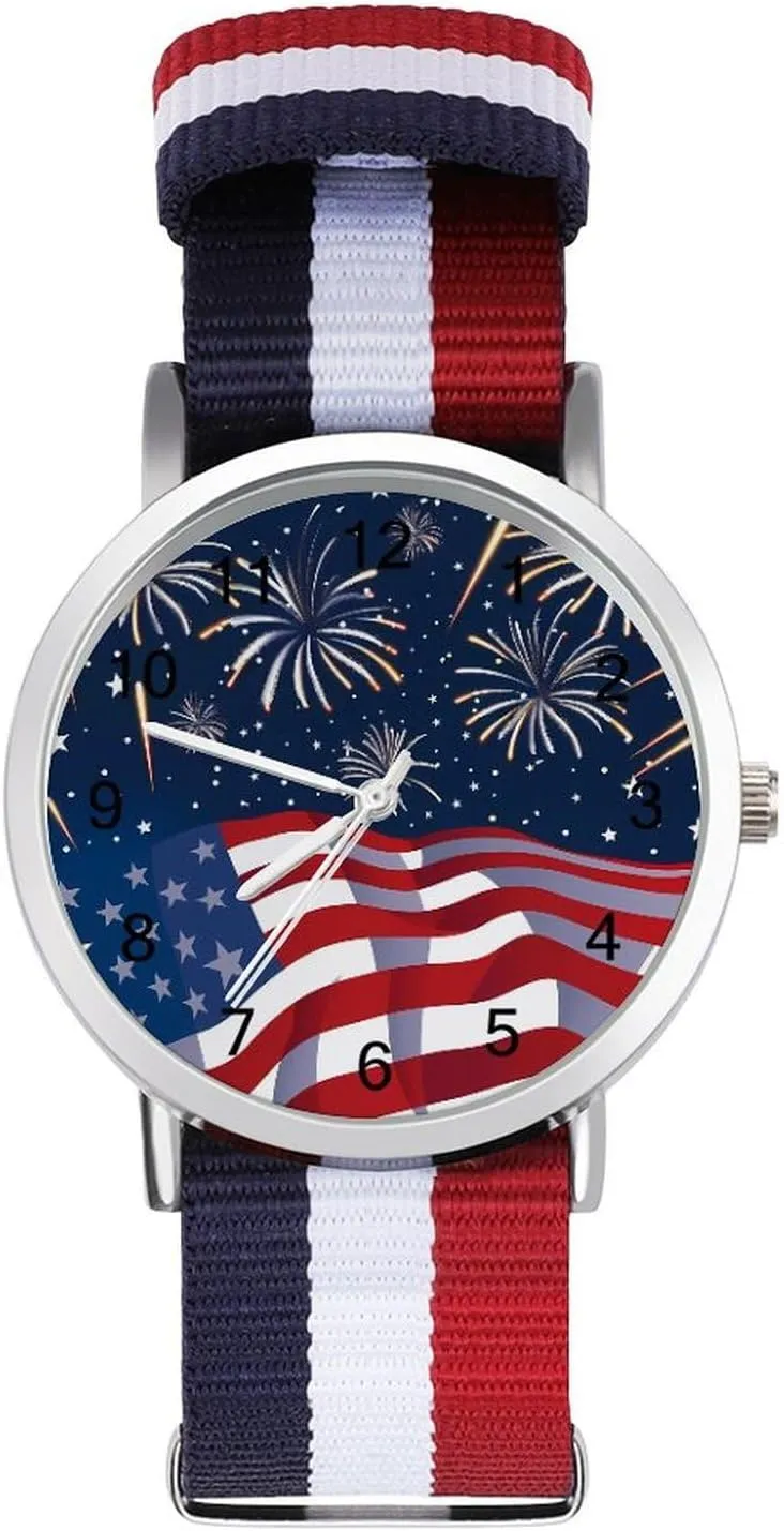 U.S.A. 4th of July Unisex Watch Lightweight Breathable Woven Nylon Wrist Strap Watch with Metal Buckle