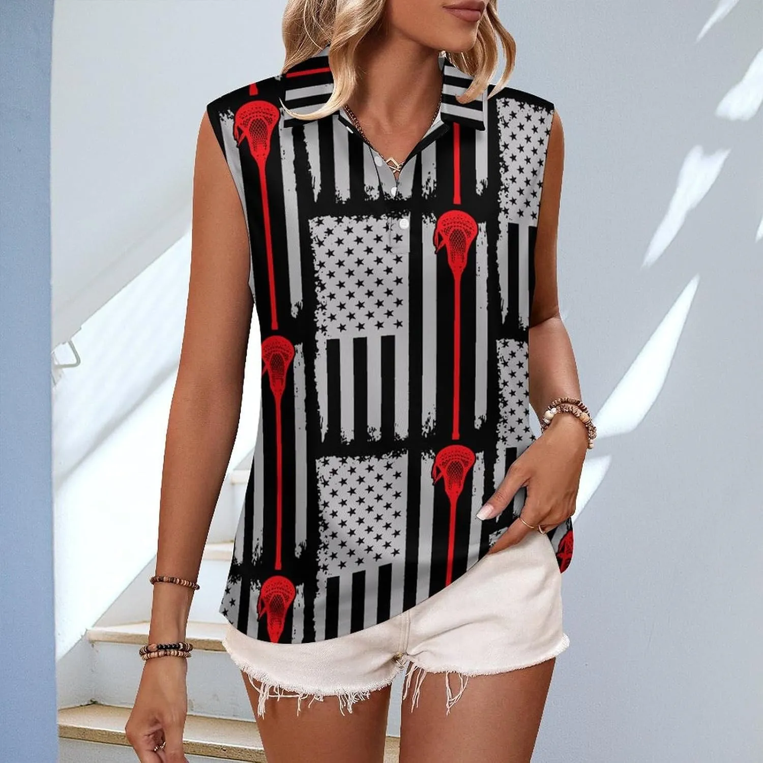 U.S.A. Flag Lacrosse Women's Sleeveless Golf Polo Shirts Athletic Tank Tops
