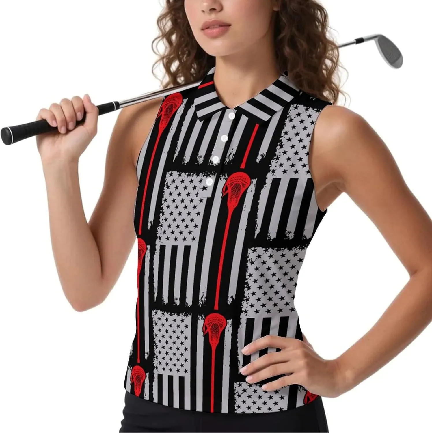 U.S.A. Flag Lacrosse Women's Sleeveless Golf Polo Shirts Athletic Tank Tops