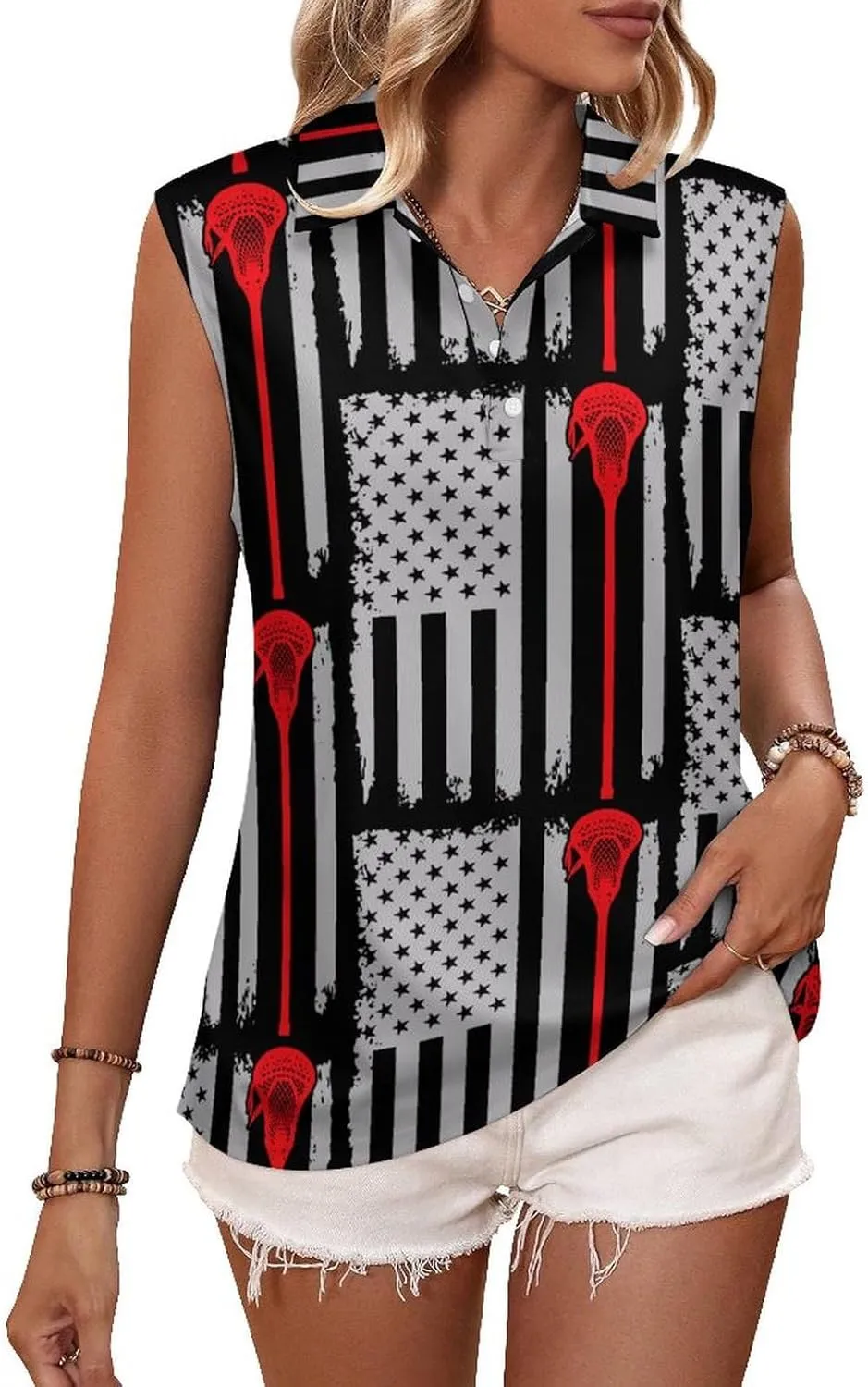 U.S.A. Flag Lacrosse Women's Sleeveless Golf Polo Shirts Athletic Tank Tops