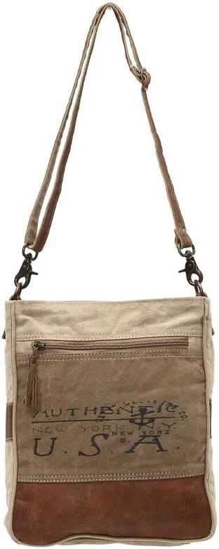 USA Stamp Upcycled Canvas and Genuine Leather Crossbody Bag