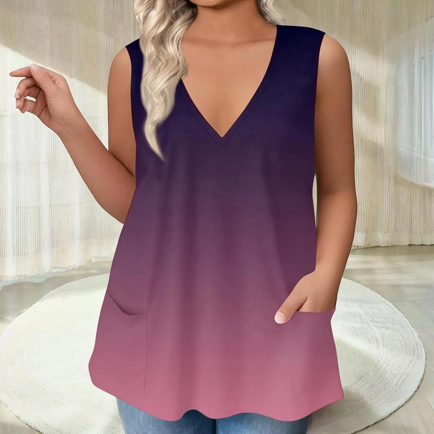 V Neck Tank Tops for Women Plus Size Pocket Cute Summer Tops Dressy Casual Loose Fit Sleeveless Workout Tank Top