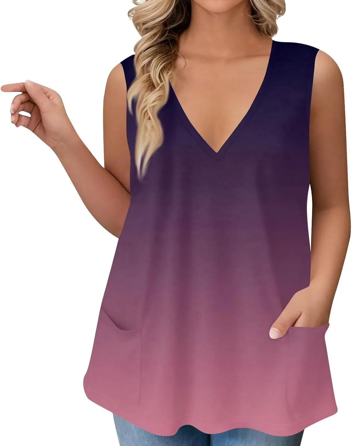 V Neck Tank Tops for Women Plus Size Pocket Cute Summer Tops Dressy Casual Loose Fit Sleeveless Workout Tank Top