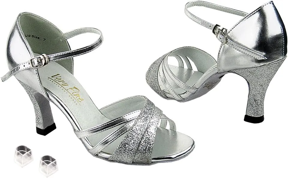 Very Fine Ladies Women Ballroom Dance Shoes EK6030 Silver Stardust & Silver Leather 2.5" Heel (9.5M)