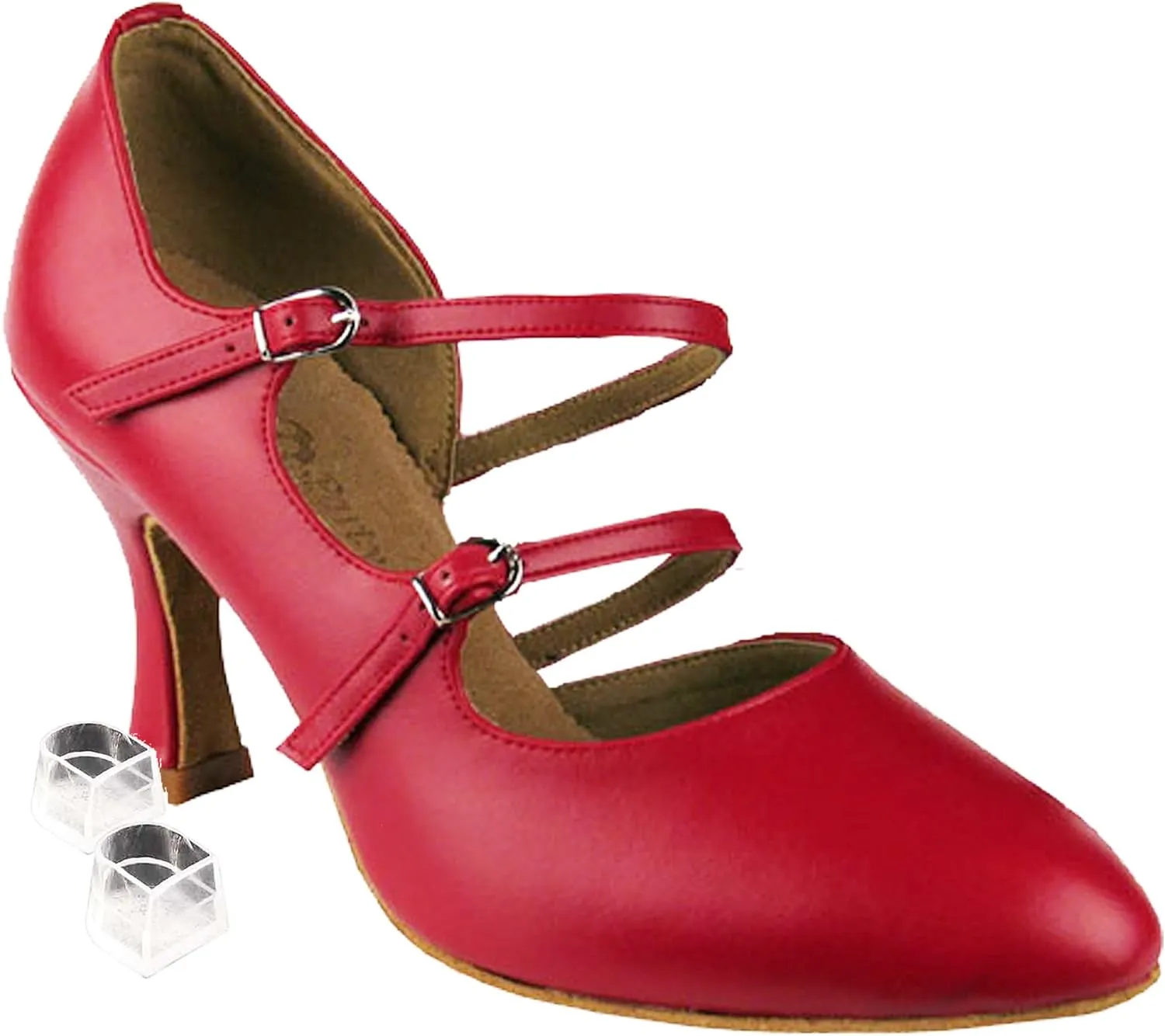 Very Fine Women's Salsa Ballroom Tango Latin Dance Shoes Style PP201 Bundle with Plastic Dance Shoe Heel Protectors, Beige Leather, Heel