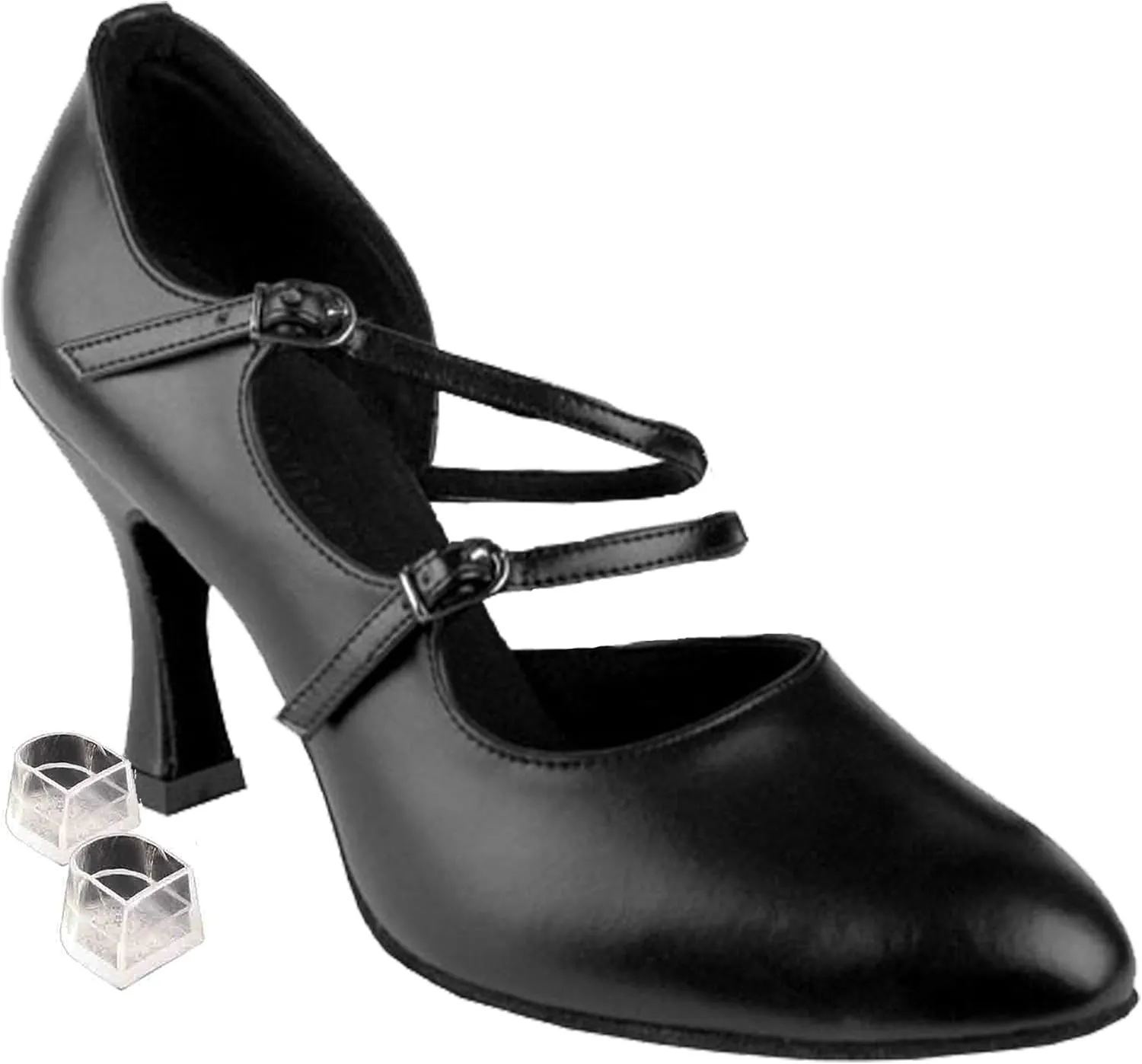 Very Fine Women's Salsa Ballroom Tango Latin Dance Shoes Style PP201 Bundle with Plastic Dance Shoe Heel Protectors, Beige Leather, Heel