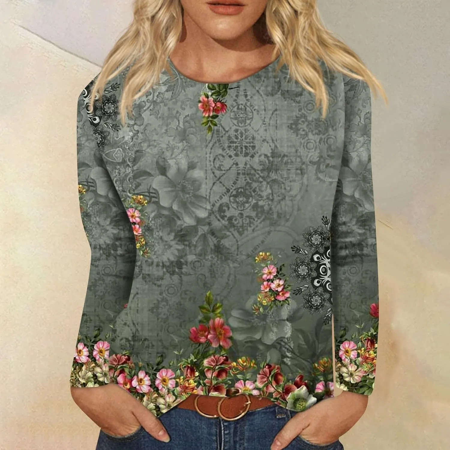 Vintage Tees for Women Women's Fashion Casual Round Neck Long Sleeve Printed T-Shirt Top