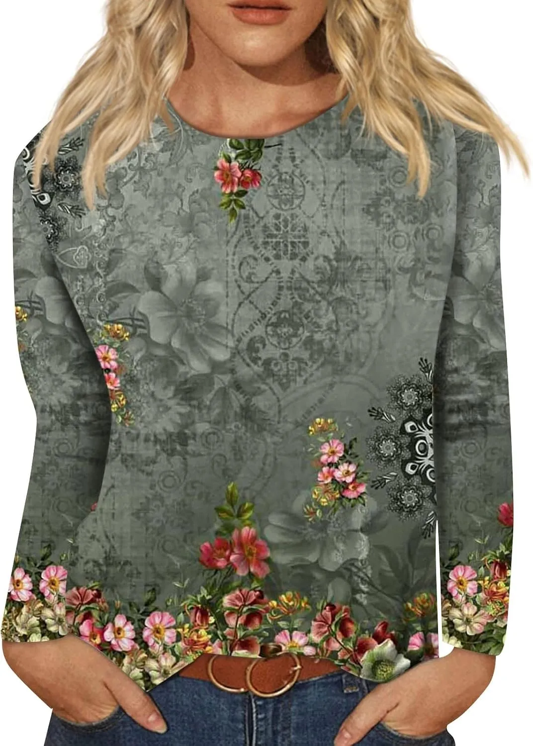 Vintage Tees for Women Women's Fashion Casual Round Neck Long Sleeve Printed T-Shirt Top