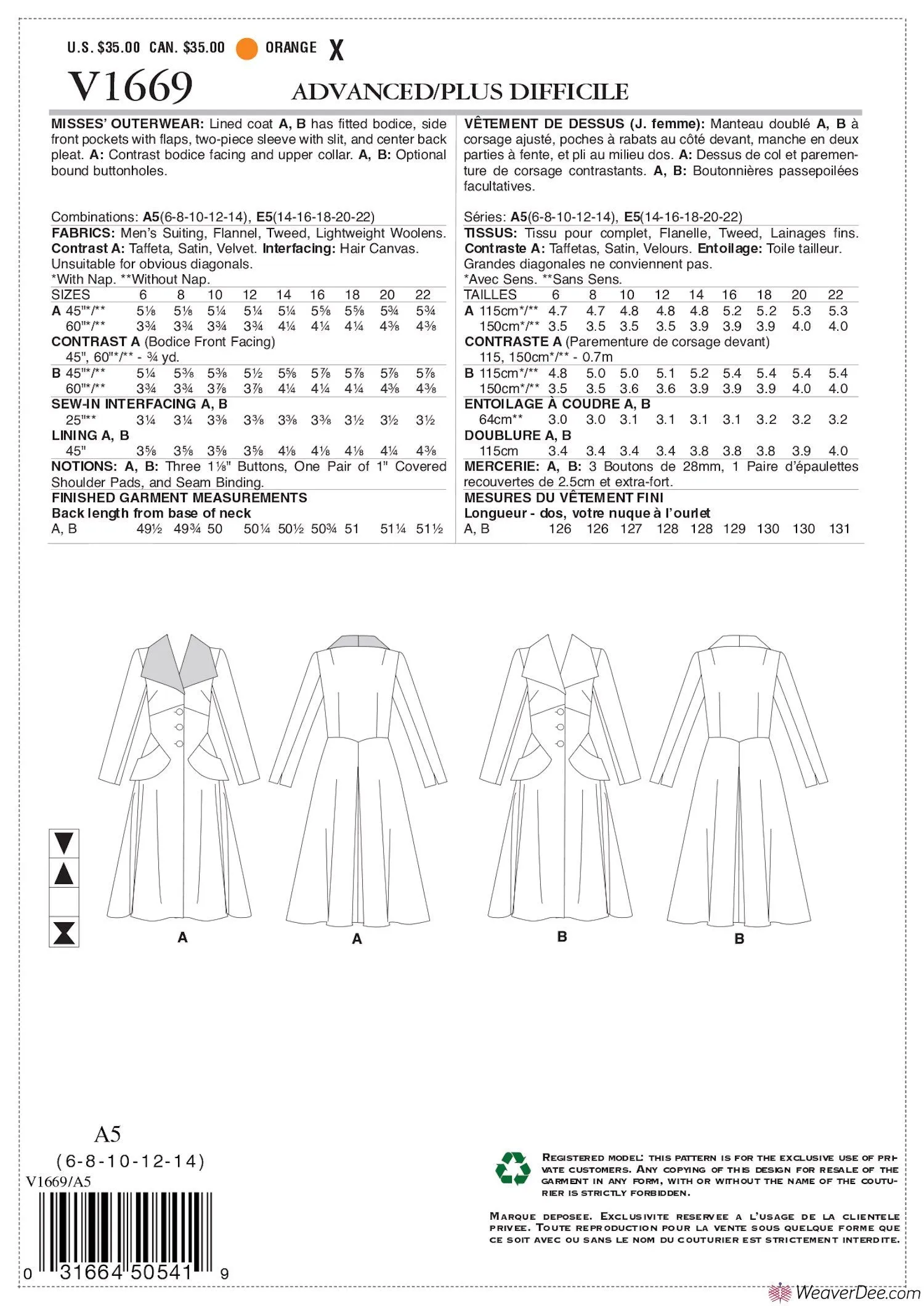 Vogue Pattern V1669 Misses' Vintage 1940s Coat
