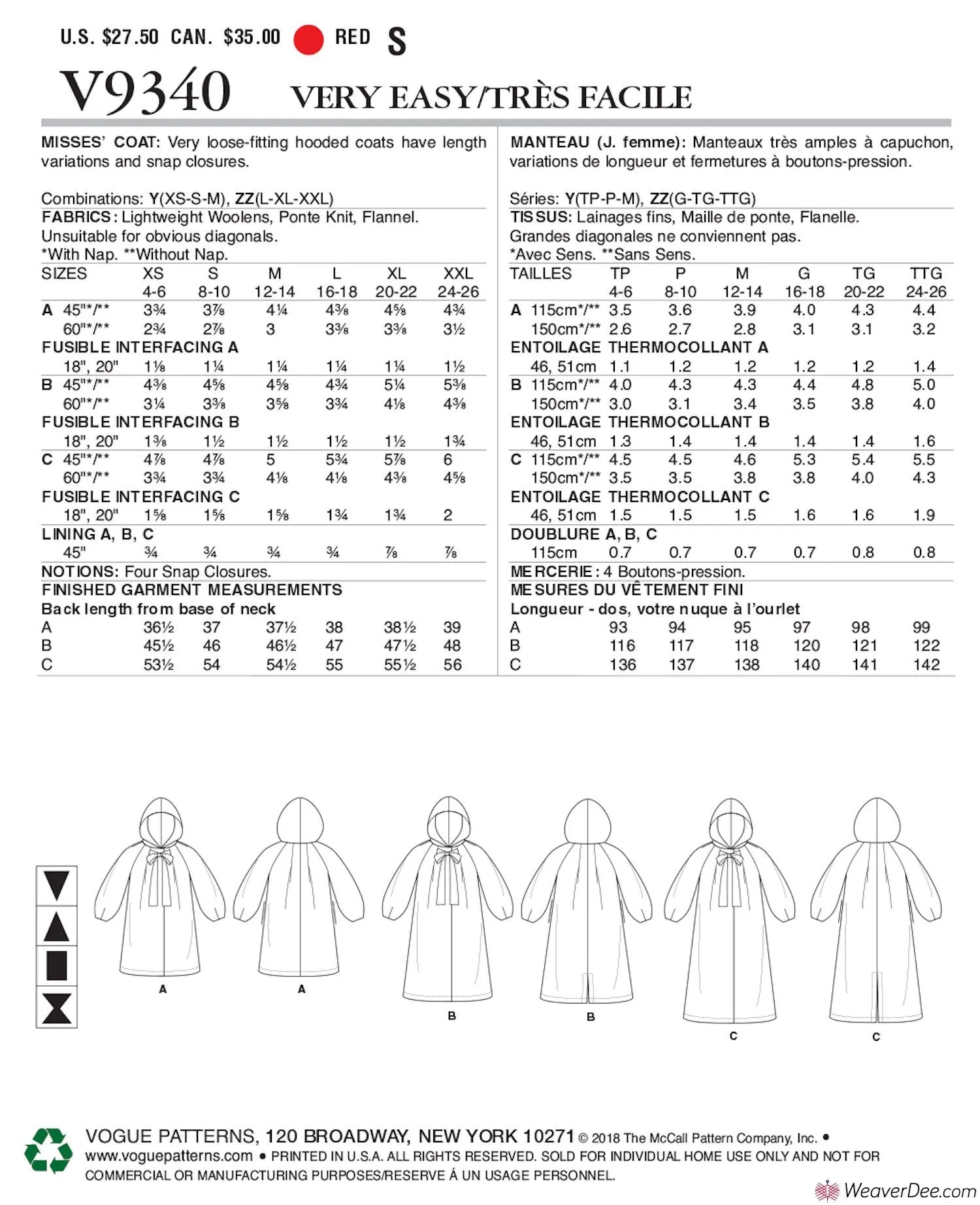 Vogue Pattern V9340 Misses' Coat