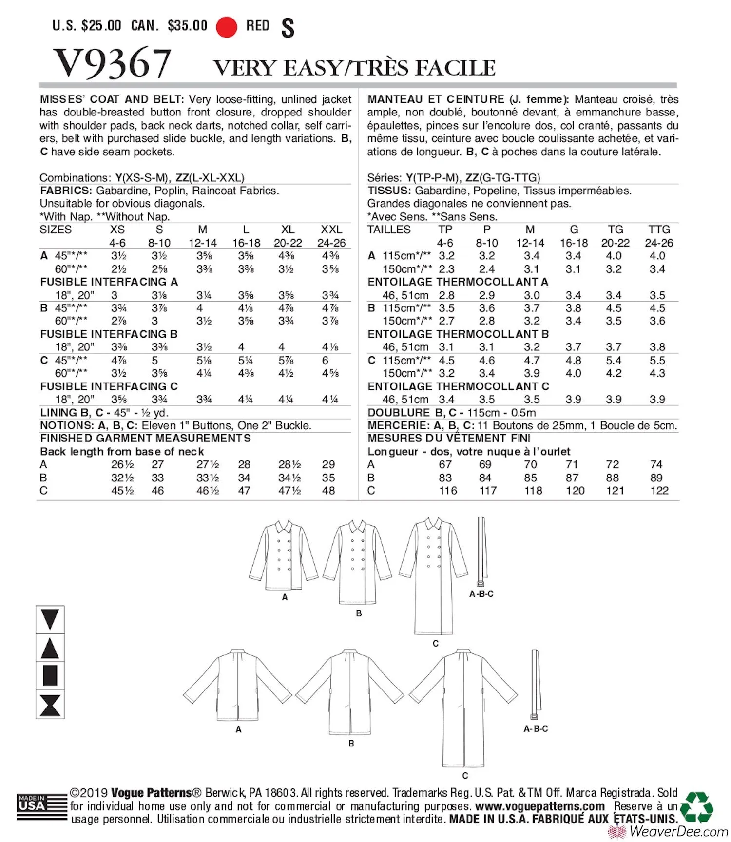 Vogue Pattern V9367 Misses' Coat & Belt