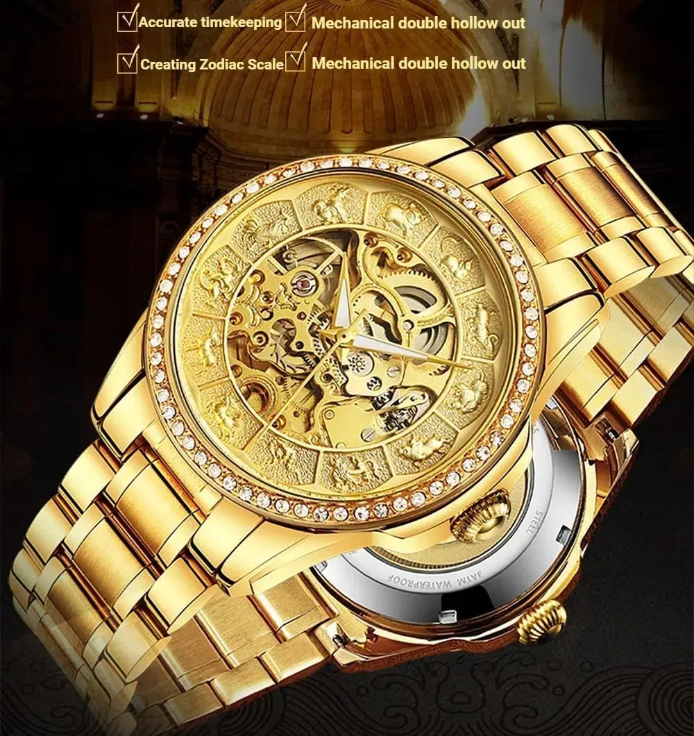 Watches for Men Gold Automatic Watches Zodiac Dial Hollowed Mechanical Luxury Watch Self-Winding Waterproof Luminous Stainless Steel Watches