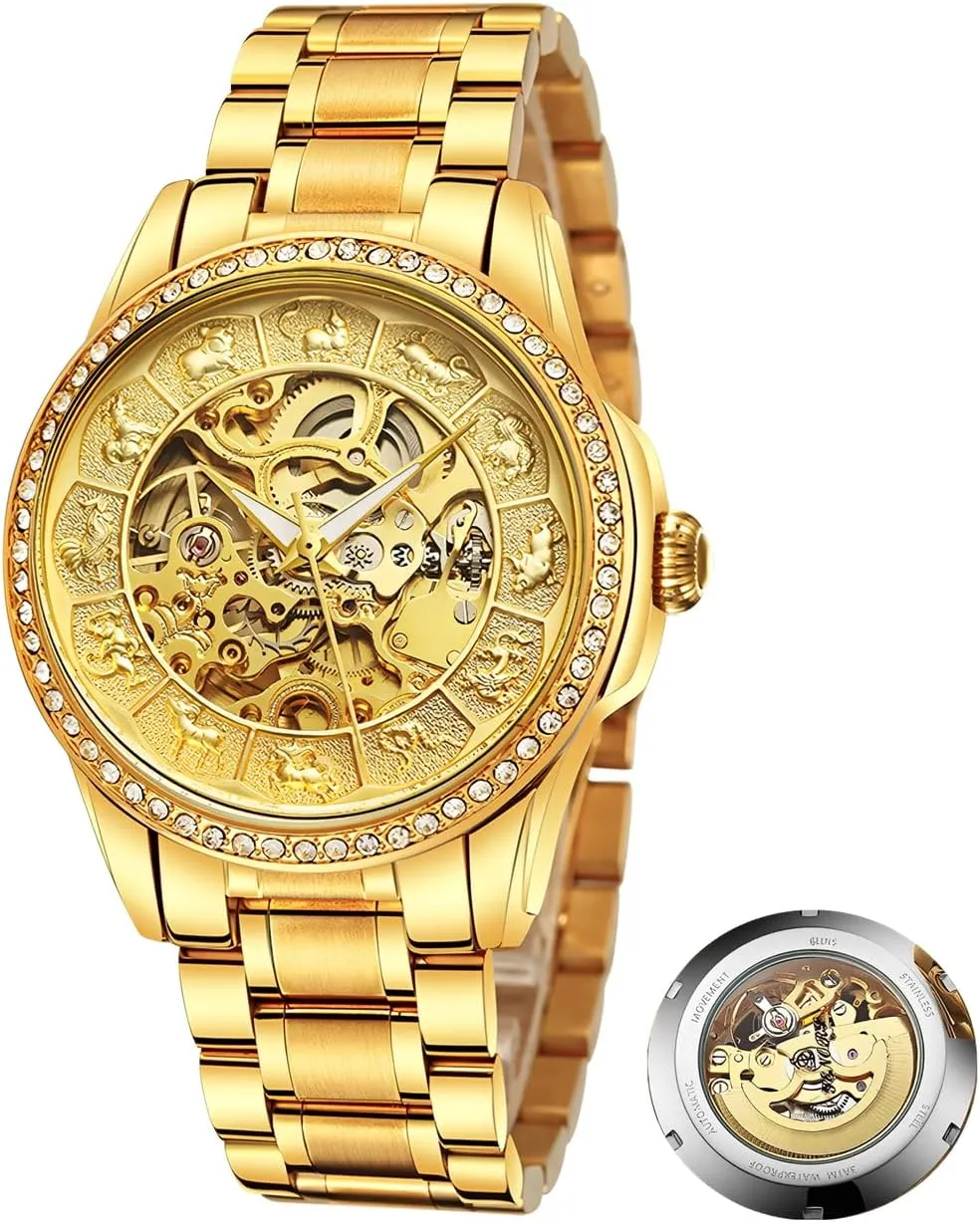 Watches for Men Gold Automatic Watches Zodiac Dial Hollowed Mechanical Luxury Watch Self-Winding Waterproof Luminous Stainless Steel Watches