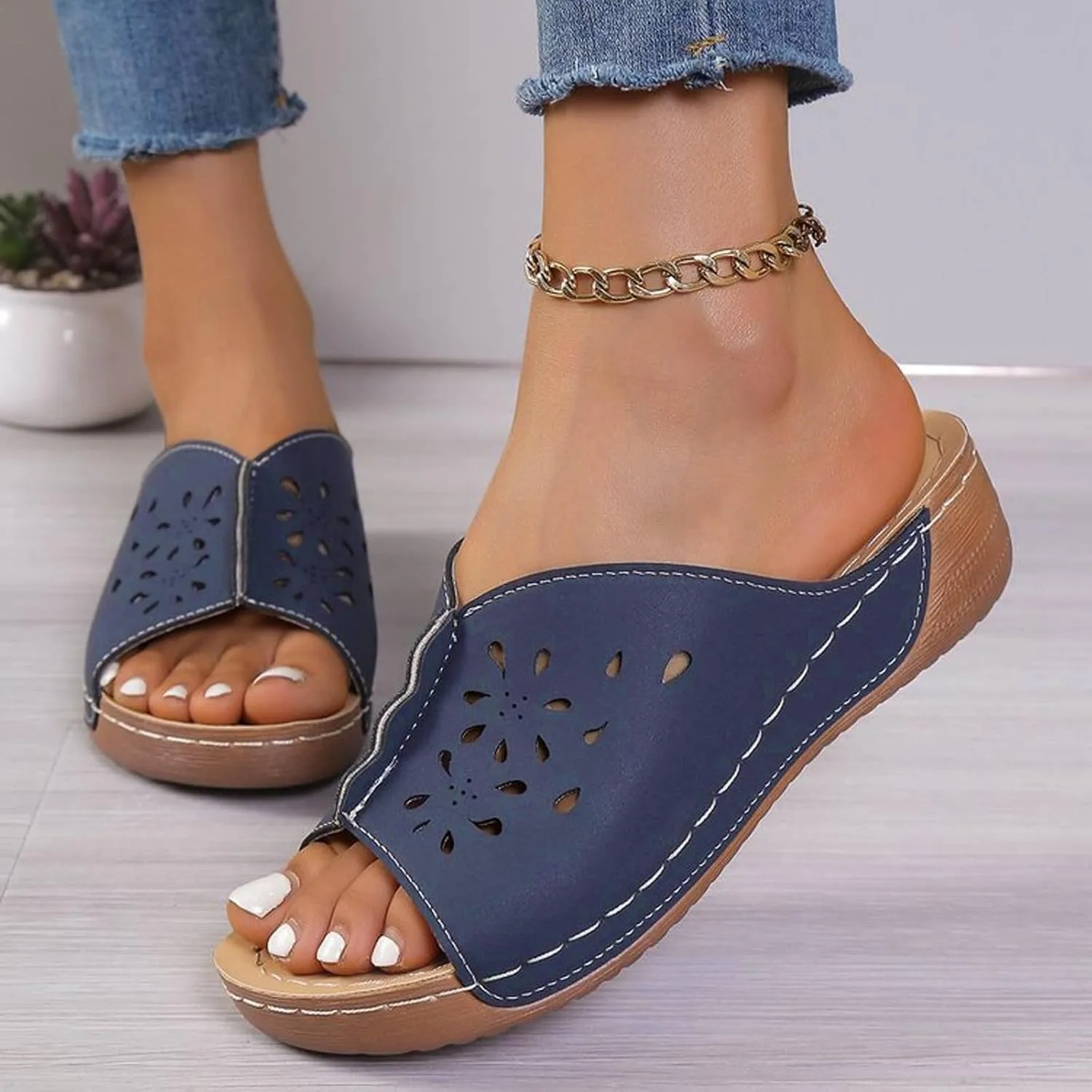 Wedge Sandals for Women Comfortable Hollow Out Open Toe Wedge Slippers Orthopedic Sandals Summer Arch Support Shoes