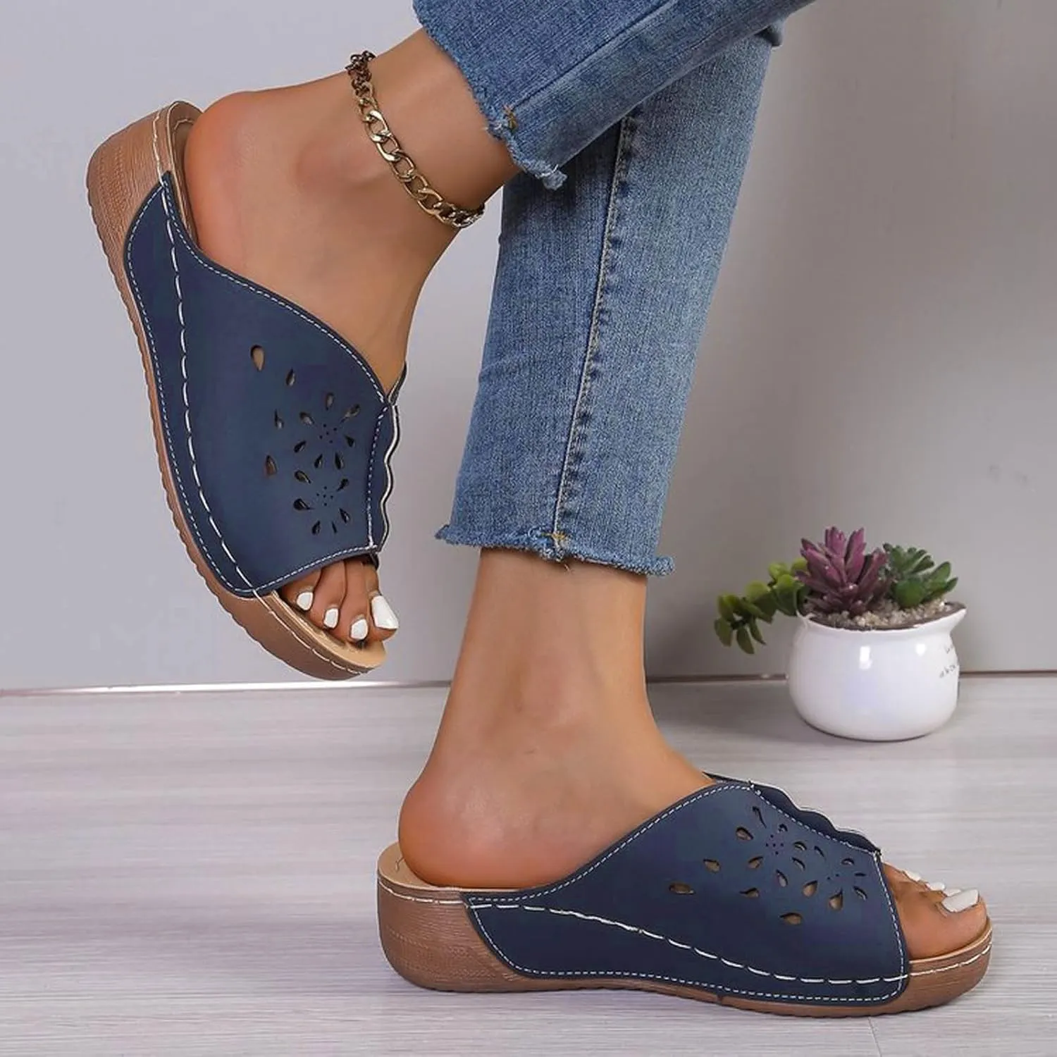 Wedge Sandals for Women Comfortable Hollow Out Open Toe Wedge Slippers Orthopedic Sandals Summer Arch Support Shoes