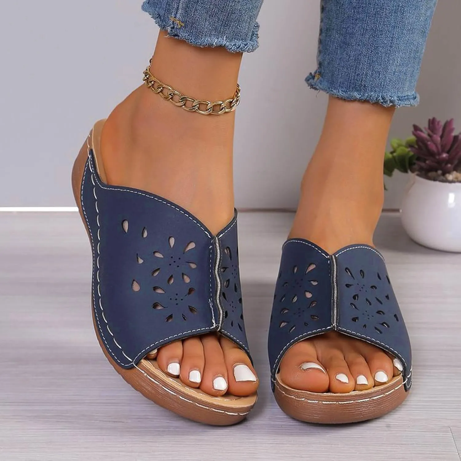 Wedge Sandals for Women Comfortable Hollow Out Open Toe Wedge Slippers Orthopedic Sandals Summer Arch Support Shoes