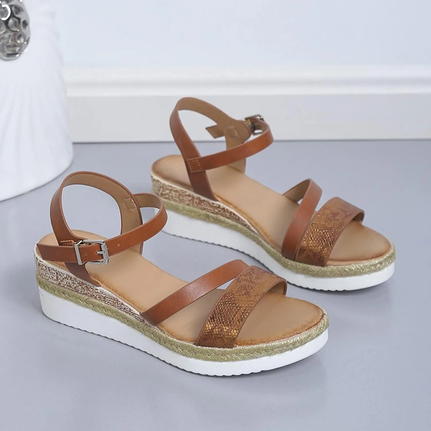 Wedge Sandals For Women Dressy Summer Orthopedic Slip On Platform Wedge Sandals Open Toe Ankle Strap Metal Buckle Sandal Casual & Dressy Summer Shoes