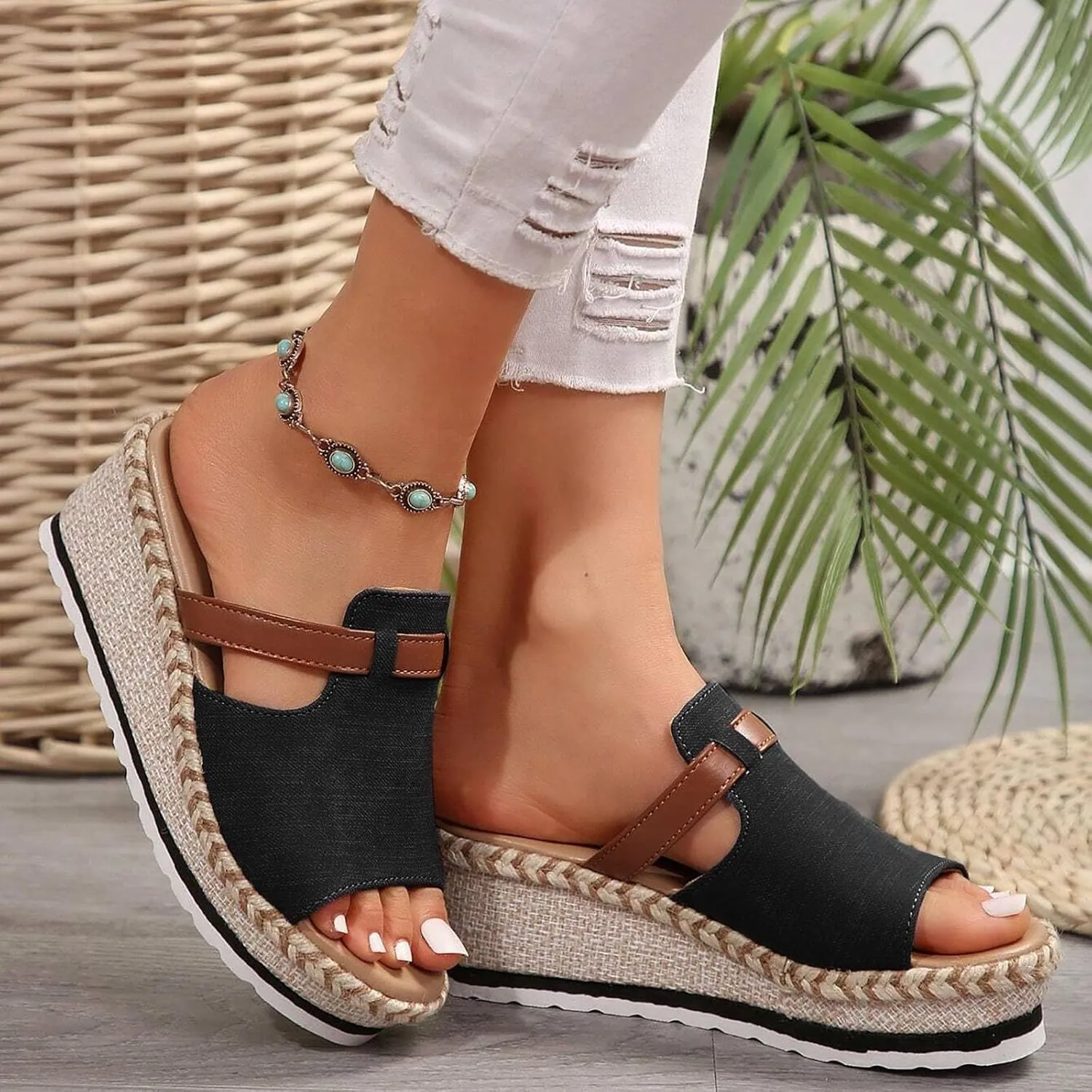 Wedge Sandals for Women Orthopedic Platform Espadrilles Slides Slipper Sandals Peep Toe Slip On Slippers Beach Dress Casual Comfortable Outdoor Shoes