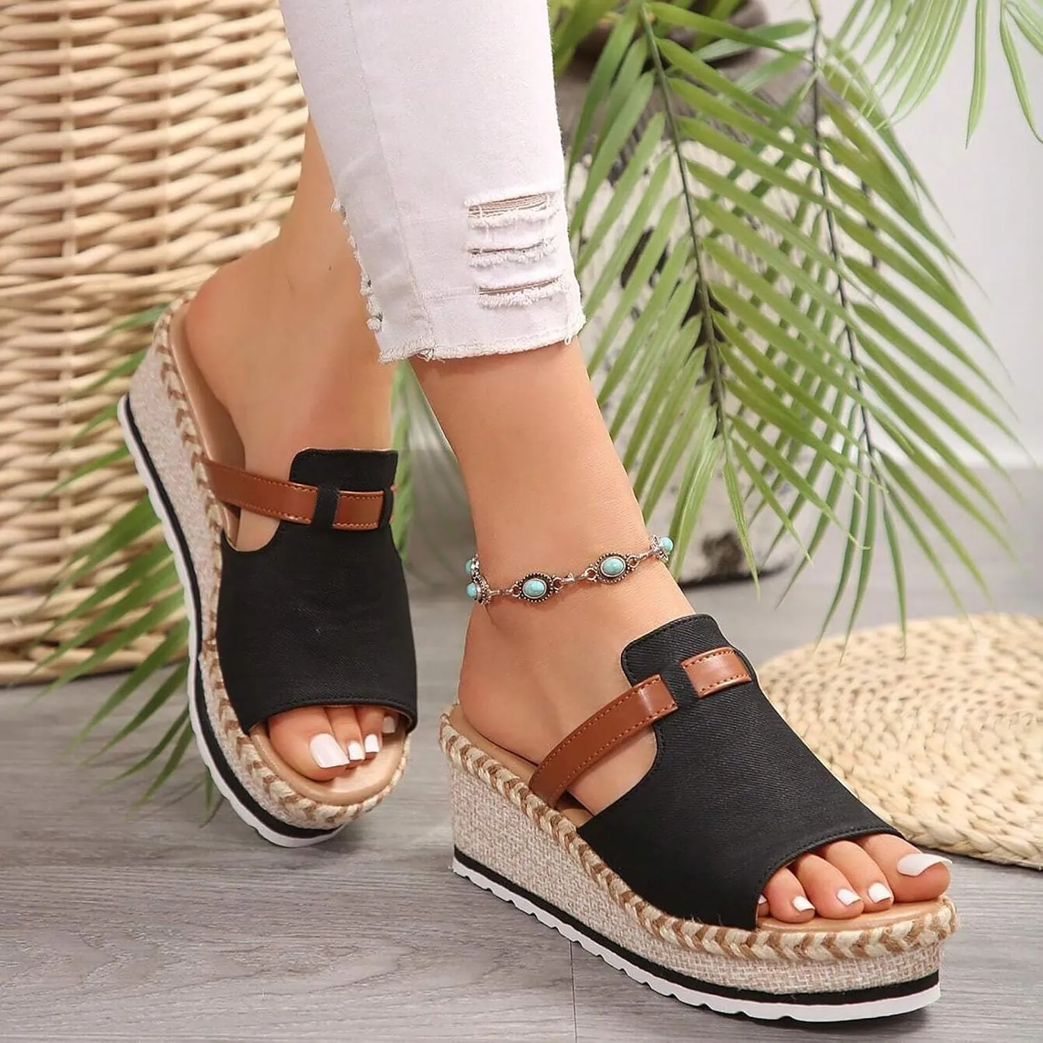 Wedge Sandals for Women Orthopedic Platform Espadrilles Slides Slipper Sandals Peep Toe Slip On Slippers Beach Dress Casual Comfortable Outdoor Shoes