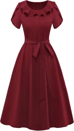 Wedtrend Women's Plus Size Swing Dress Retro Midi 1940s Dresses for Women Vintage- A Line Cottagecore Dress- 1950s Outfits for Tea Party- Rockabilly Dresses WTP30023BurgundyXXL