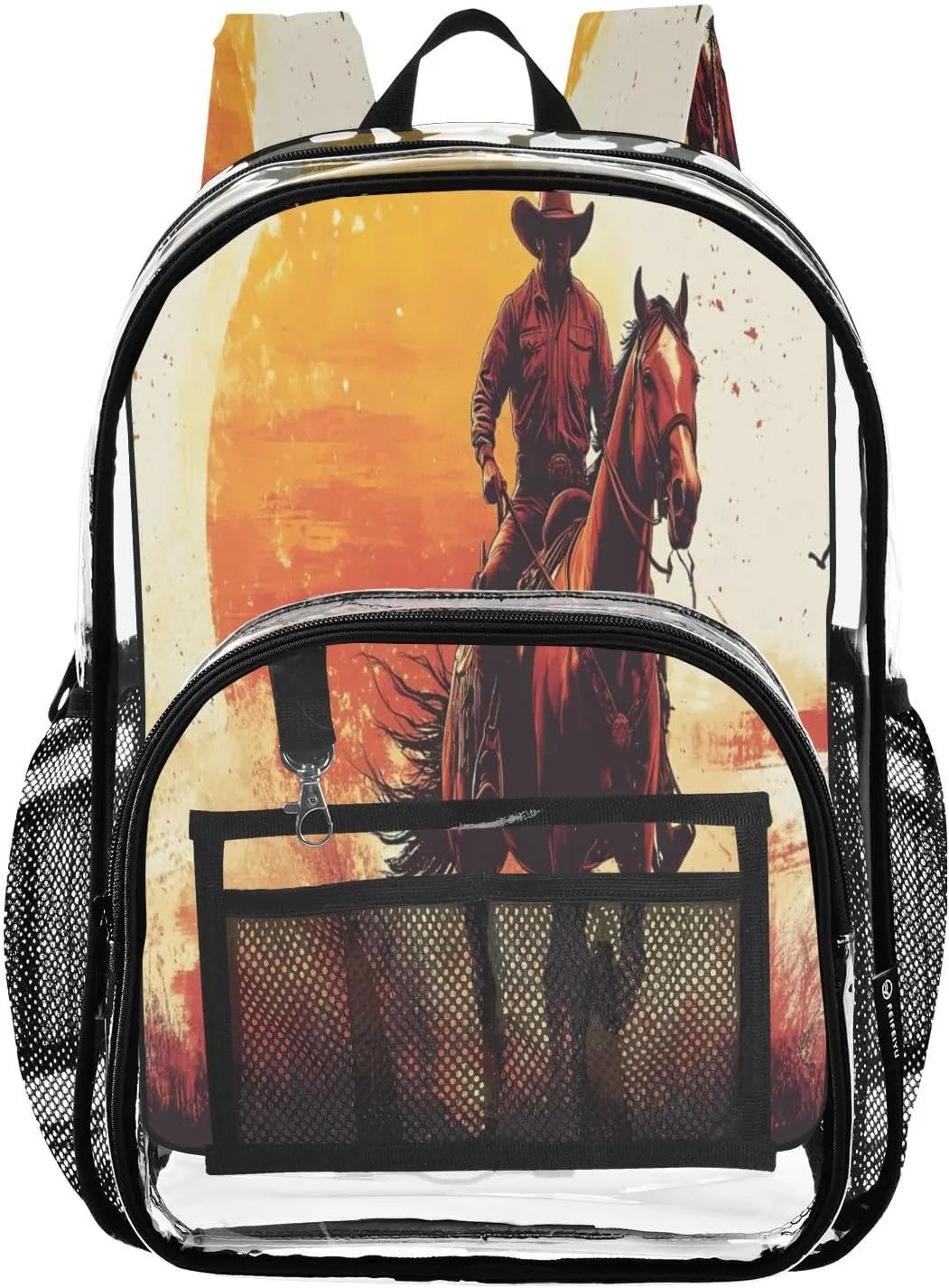 Western Cowboy Clear Backpack with Back Print, Heavy Duty See Through Backpacks PVC Transparent Daypack for Travel Security