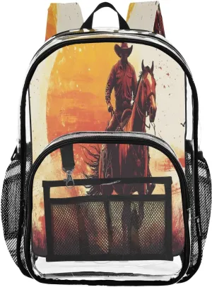Western Cowboy Clear Backpack with Back Print, Heavy Duty See Through Backpacks PVC Transparent Daypack for Travel Security