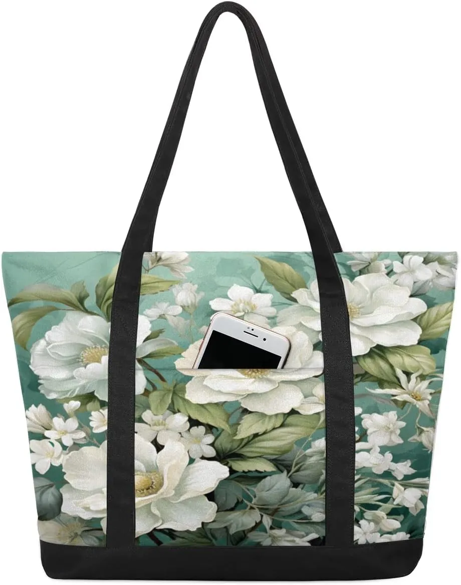 White Flowers Leaves Tote Bag for Women Work Canvas Travel Tote Bags with Zipper Large Capacity Casual Handbag with Inner Pockets Reusable Shopping Shoulder Bag for Teacher Nurse