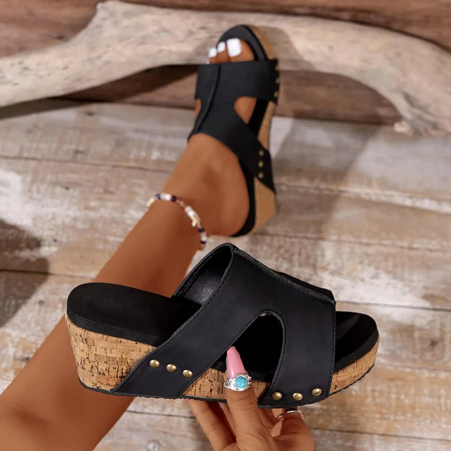Wide Width Platform Wedge Sandals for Women Summer Dressy Open Toe Buckle Ankle Strap Ladies Comfortable Low 2025 Slip On Slides Cork Heeled Cutout Vacation Shoes Sandals Heel Sandal Wedges