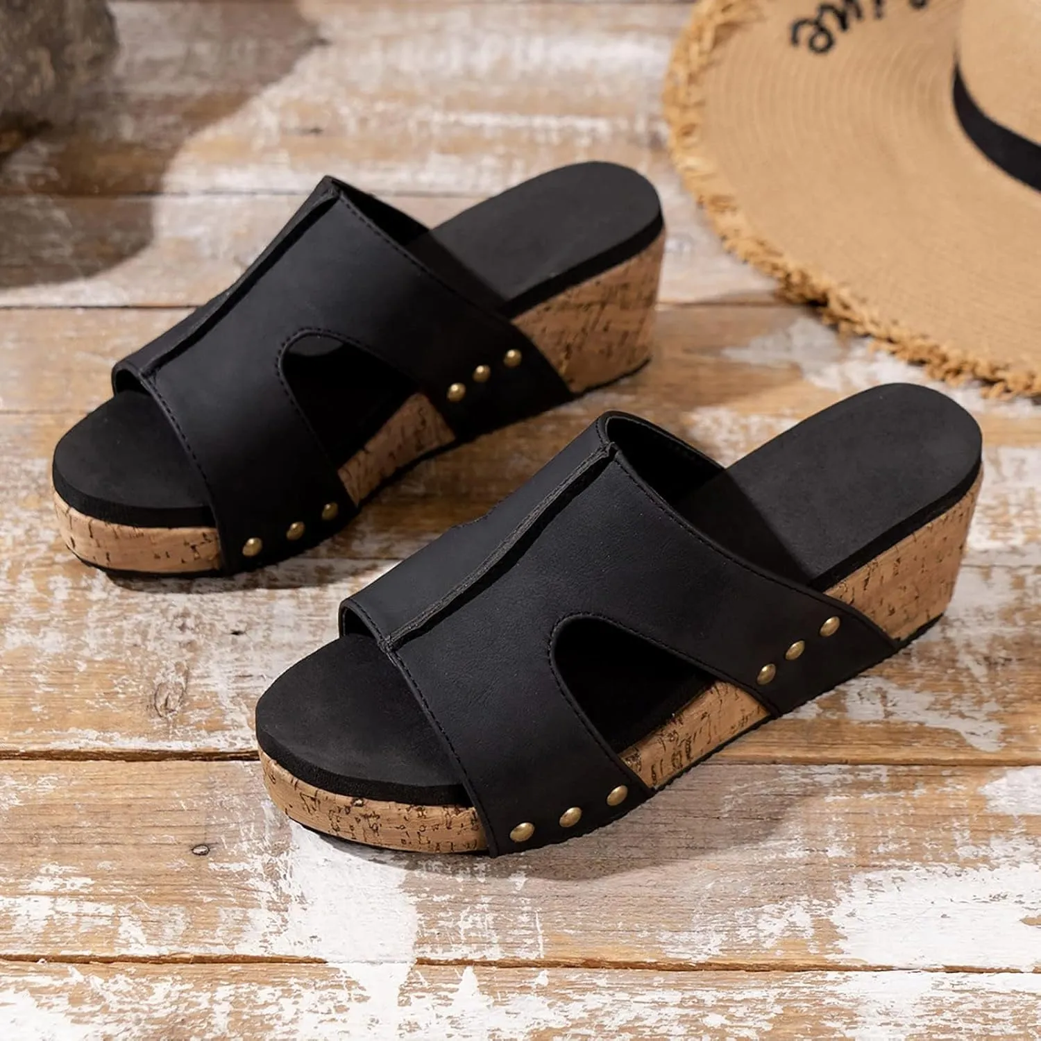 Wide Width Platform Wedge Sandals for Women Summer Dressy Open Toe Buckle Ankle Strap Ladies Comfortable Low 2025 Slip On Slides Cork Heeled Cutout Vacation Shoes Sandals Heel Sandal Wedges