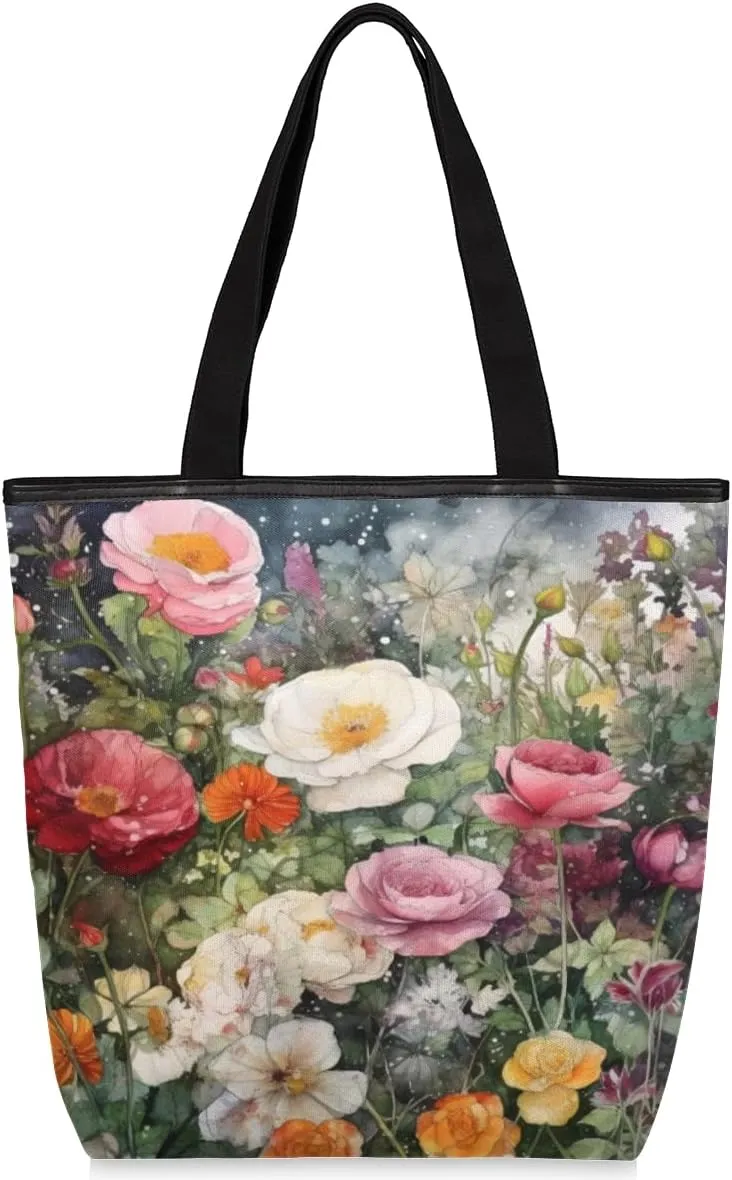 Wild Floral Canvas Tote Bag for Women Large Tote Bag with Zipper & Pockets Canvas Beach Bag Shoulder Bag Reusable Shopping Bags Cute Tote Bags for Work Travel