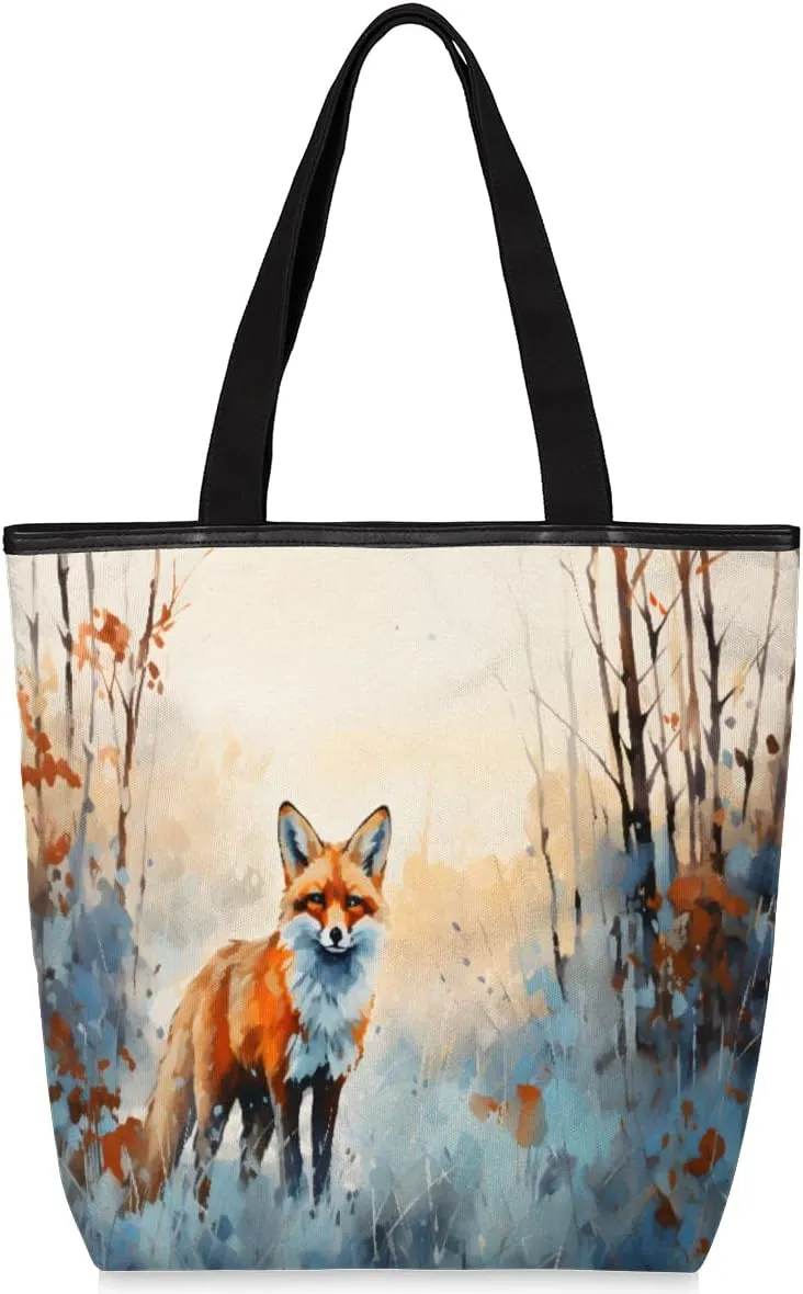 Wild Fox Canvas Tote Bag for Women Large Tote Bag with Zipper & Pockets Canvas Beach Bag Shoulder Bag Reusable Shopping Bags Cute Tote Bags for Work Travel