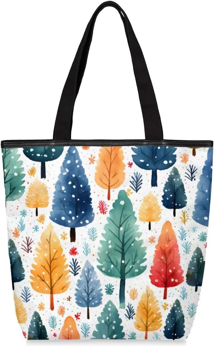 Wild Pine Tree Canvas Tote Bag for Women Large Tote Bag with Zipper & Pockets Canvas Beach Bag Shoulder Bag Reusable Shopping Bags Cute Tote Bags for Work Travel