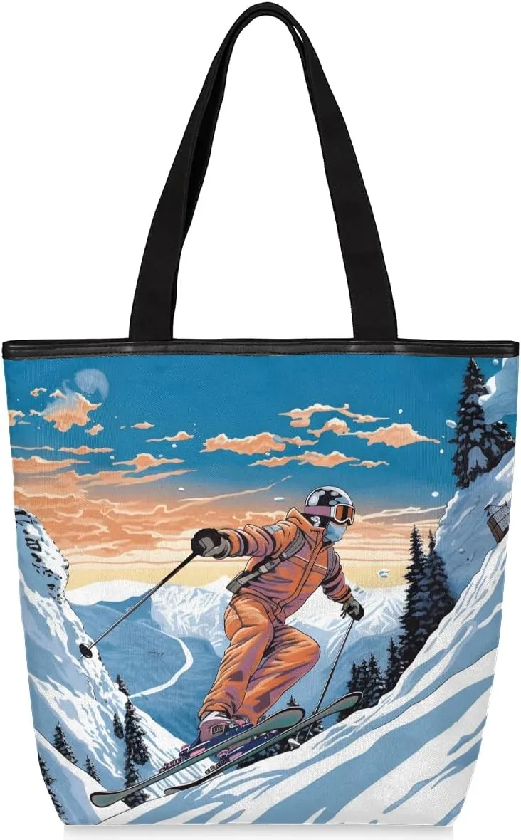 Winter Ski Canvas Tote Bag for Women Large Tote Bag with Zipper & Pockets Canvas Beach Bag Shoulder Bag Reusable Shopping Bags Cute Tote Bags for Work Travel