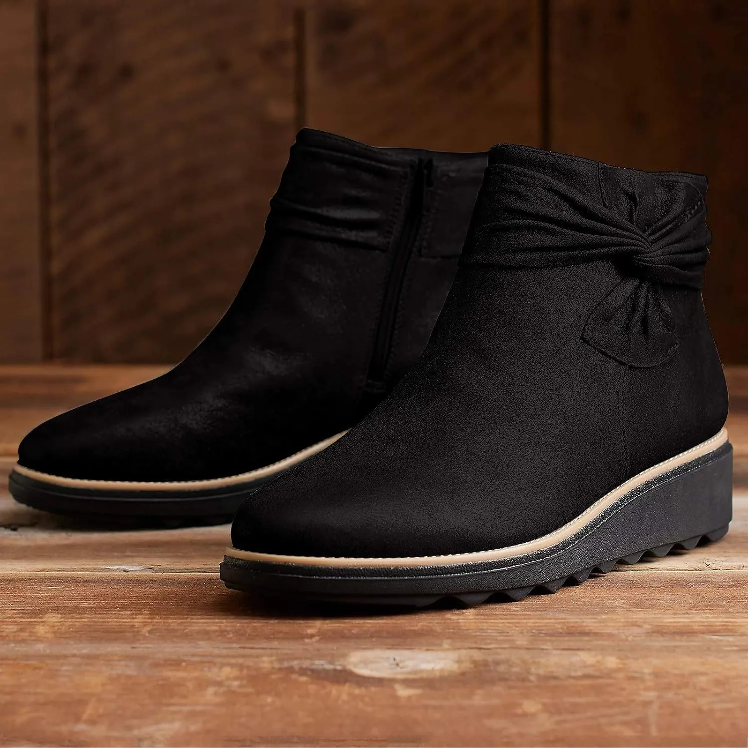 Women Ankle Boots Suede Low Heel Slip On Platform Dress Shoes Comfortable Wide Width Walking Shoes with Arch Support