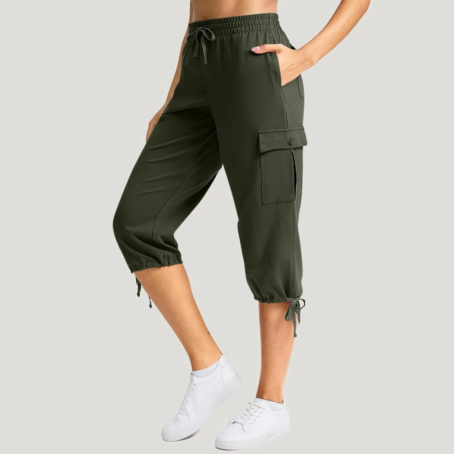 Women Cargo Capris Summer Plus Size Cotton Capris Casual Capri Pants with Pockets Drawstring Capri Sweatpants