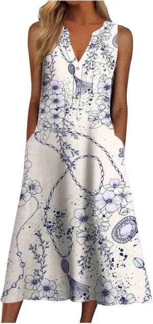 Women Casual Loose Long Dress Sleeveless Split Maxi Dresses Summer Beach Summer Casual Dresses for Women Knee