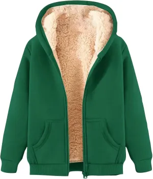 Women Fleece Lined Hoodies Zip Up Sherpa Thick Cardigan Jackets Warm Fluffy Cozy Hooded Jackets Winter Coat with Pocket