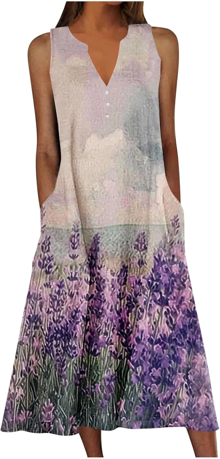 Women Floral Midi Dress with Pocket, 2025 Boho Summer Dresses V Neck Sleeveless Knee Length Sundress Beach Dress