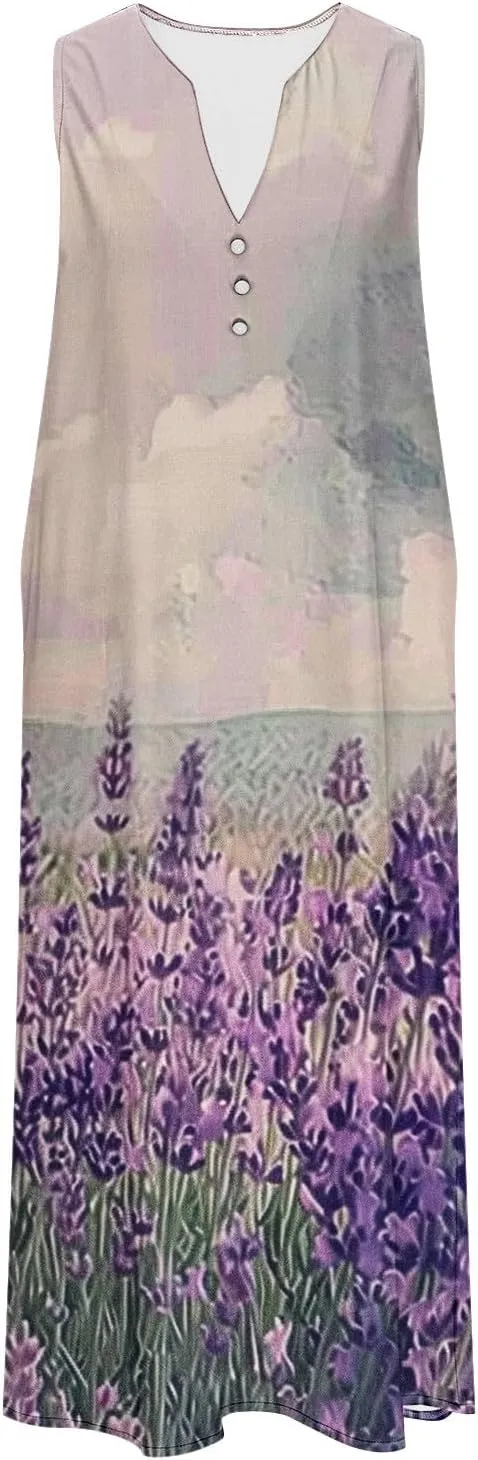 Women Floral Midi Dress with Pocket, 2025 Boho Summer Dresses V Neck Sleeveless Knee Length Sundress Beach Dress