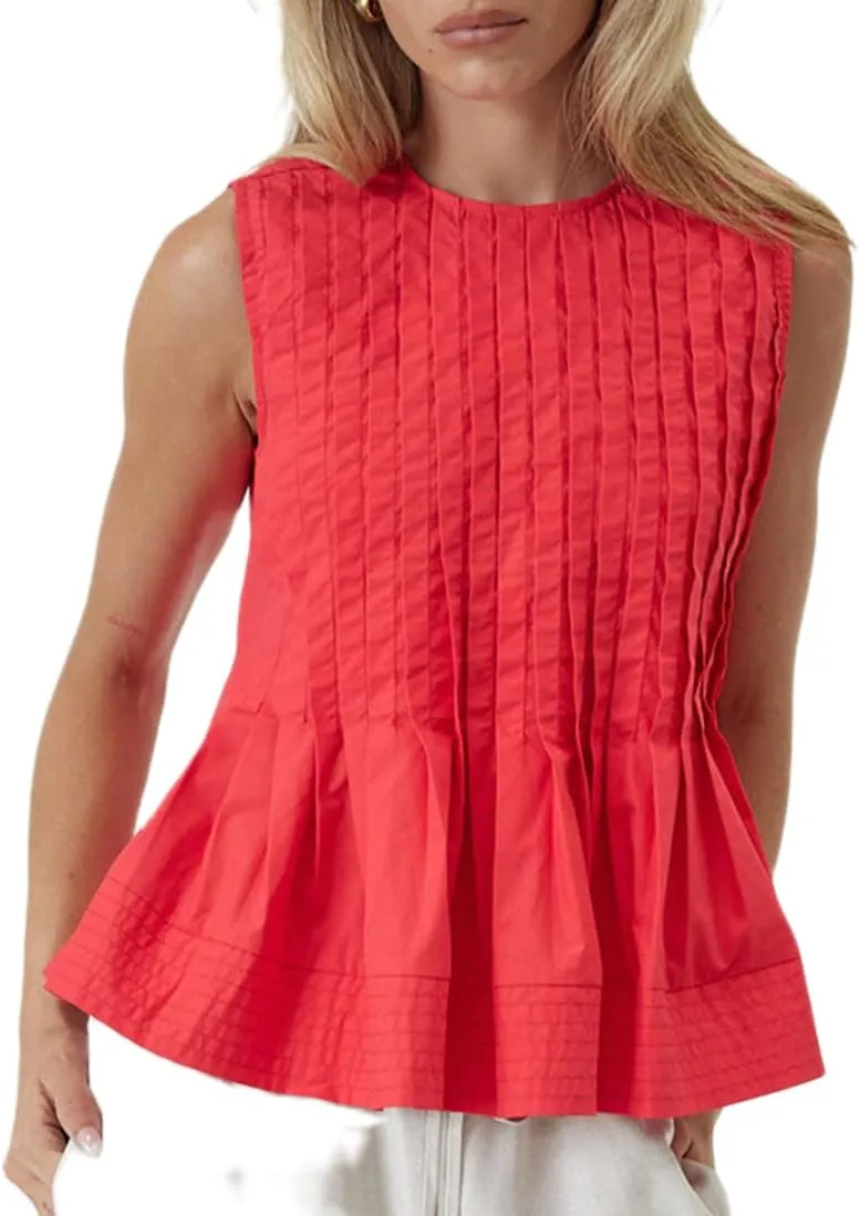 Women Pleated Crop Tank Tops Sleeveless Bow Tie Babydoll Peplum Shirt Going Out Blouse Loose Summer Vacation Vest