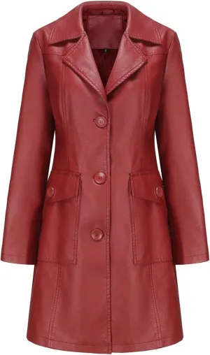 Women PU Leather Trench Jackets Vintage, Womens Faux Leather Long Sleeve Jacket Dress, Breasted Duster Trench Coat